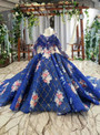 Royal Blue Long Sleeve Tulle Sequins Appliques Beading Luxury Flower Girl Dress With Long Train