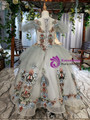 Gray Ball Gown Tulle Coloful Embroidery Beading Crystal Flower Girl Dress