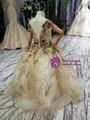 Champagne Ball Gown Backless Cap Sleeve Tulle Sequins Appliques Flower Girl Dress