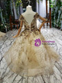 Champagne Ball Gown Backless Cap Sleeve Tulle Sequins Appliques Flower Girl Dress