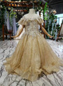 High quality Gold Ball Gown Sequins Tulle Backless Appliques Flower Girl Dress