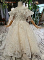 Popular Champagne Tulle Sequins Appliques Beading Short Sleeve Long Flower Girl Dress