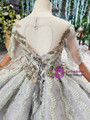 Fancy Gray Tulle Embroidery Short Sleeve Backless Beading Appliques Flower Girl Dress