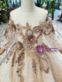 Champagne Ball Gown Tulle Sequins Off the Shoulder Long SleeveSequins  Appliques Flower Girl Dress