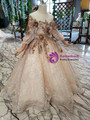 Champagne Ball Gown Tulle Sequins Off the Shoulder Long SleeveSequins  Appliques Flower Girl Dress