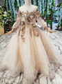Champagne Ball Gown Tulle Sequins Off the Shoulder Long SleeveSequins  Appliques Flower Girl Dress