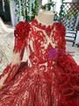Luxury Red Ball Gown Sequins Long Sleeve High Neck Beading Floor Length Flower Girl Dress