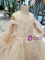 Champagne Sequins Spaghetti Straps Long Sleeve Flower Girl Dress With Long Train