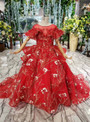 Red Ball Gown Tulle Embroidery Appliques Beading Cap Sleeve Flower Girl Dress