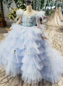 Fashion Blue Tulle Embrodiery Appliques Long Sleeve Flower Girl Dress With Feather