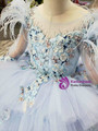 Fashion Blue Tulle Embrodiery Appliques Long Sleeve Flower Girl Dress With Feather