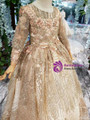 Princess Gold Ball Gown Sequins Appliques Long Sleeve Long Flower Girl Dress