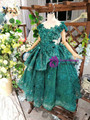 Green Ball Gown Tulle Appliques Cap Sleeve Beading Long Flower Girl Dress