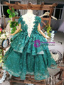 Green Ball Gown Tulle Appliques Cap Sleeve Beading Long Flower Girl Dress