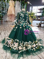 Green Tulle High Neck Long Sleeve Appliques Beading Sequins Luxury Flower Girl Dress
