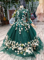 Green Tulle High Neck Long Sleeve Appliques Beading Sequins Luxury Flower Girl Dress