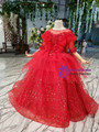 Fashion Red Sequins Appliques Backless Short Sleeve Long Flower Girl Dresses