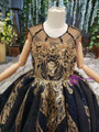 Navy Blue Gold Sequins Backless Beading Luxury Flower Girl Dress With Long Train