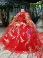 Red Tulle Embroidery Appliques Beading Luxury Flower Girl Dress With Shawl