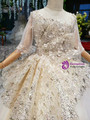 Lovely Champagne Tulle Sequins Short Sleeve Backless Beading Floor Length Flower Girl Dress