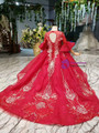 Red LotusLeaf Sleeve Backless Appliques Beading Flower Girl Dress With Litter Train