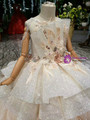 Adorable Champagne Tulle Sequins Embroidery Appliques Long Flower Girl Dress With Train