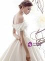 Ivory White Satin Off the Shoulder Short Sleeve Wedding Dress With Long Train