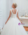 Graceful White Ball Gown V-neck Backles Tulle Pleats Floor Length Wedding Dress
