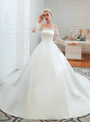 Luxurious White Ball Gown Satin Lace Off the Shoulder Long Sleeve Wedding Dress