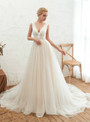 Champagne Ball Gown Tulle V-neck Backless Appliques Pleats Wedding Dress