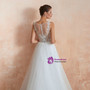 A-Line Bateau White Tulle Appliques See Through Sleeveless Floor Length Wedding Dress