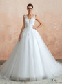 Glamorous White Ball Gown Tulle Appliques V-neck See Through Floor Length Wedding Dress