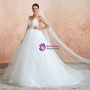 White Ball Gown Tulle Lace Appliques Halter Sleeveless Backless Wedding Dress