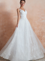 A-Line White V-neck Tulle Appliques Sleeveless Long Wedding Dress