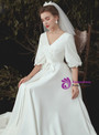 Simple White Satin V-neck Backless Puff Sleeve Floor Length Wedding Dress
