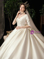 Ivory Ball Gown Satin V-neck Half Sleeve Bow Wedding Dress With Long Train