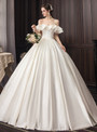 Ivory White Satin Off the Shoulder Sleeveless Floor Length Wedding Dress
