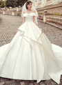 Advanced Ivory White Ball Gown Satin Off the Shoulder Floor Length Wedding Dress