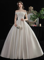 Wonderful White Ball Gown Satin Off the Shoulder Long Wedding Dress With Bow