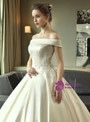 Pretty Ivory Satin Ball Gown Off the Shoulder Lace Appliques Long Wedding Dress
