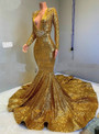 Women Gold Mermaid Sequined Long Sleeves Prom Dresses with Long Train