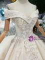 Stylish Champagne Ball Gown Off the Shoulder Appliques Beading Wedding Dress With Train
