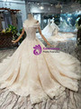 Stylish Champagne Ball Gown Off the Shoulder Appliques Beading Wedding Dress With Train