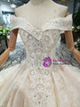 Stylish Champagne Ball Gown Off the Shoulder Appliques Beading Wedding Dress With Train