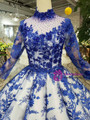 Navy Blue Lace Appliques High Neck Long Sleeve Floor Length Wedding Dress With Beading 2020