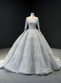 Marvelous Silver Gray Ball Gown Embroidery Long Sleeve Backless Prom Dress 2020