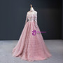 A-Line Pink Tulle High Neck Long Sleeve Backless Appliques Long Prom Dress 2020