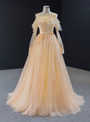 Simple Champagne Tulle Long Sleeve Backless Long Prom Dress 2020
