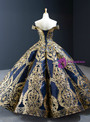 Princess Blue Ball Gown Gold Sequins Off the Shoulder Deep V-neck Long Prom Dress 2020