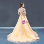 A-Line Champagne Tulle Sequins Cap Sleeve Open Back Long Prom Dress 2020